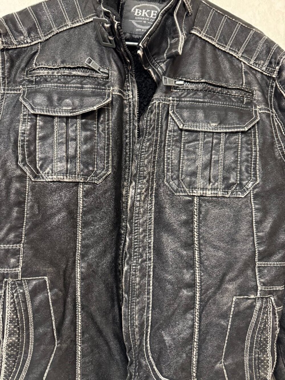 BKE Athletic Fit Faux Leather Jacket Mens Medium Black Sherpa Lined Moto Full Zi